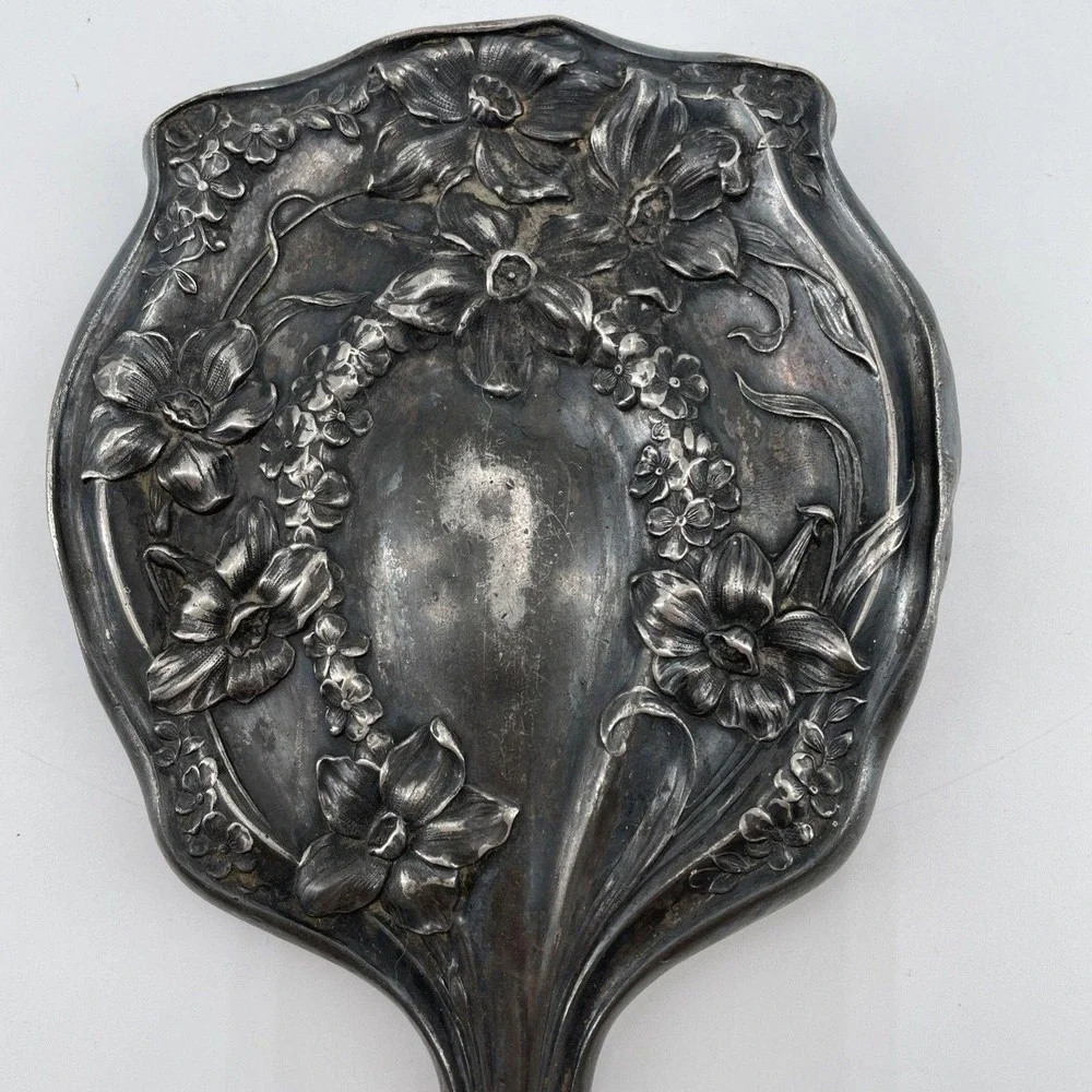Antique Art Nouveau Hand Mirror Homan Manufacturing Quadruple Plating Floral.